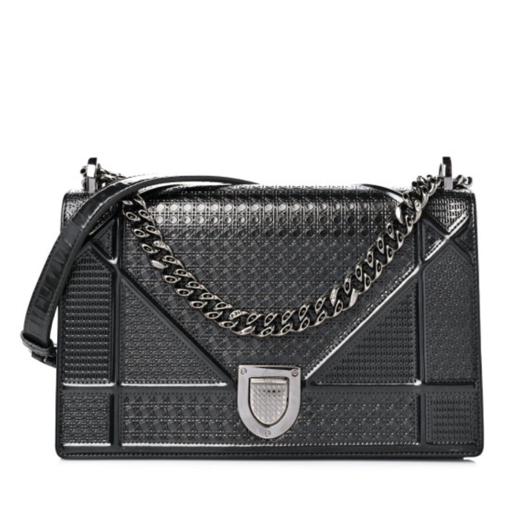 DIOR Metallic Patent Leather Cannage Medium Diorama Flap Bag Gunmetal/Onyx Black